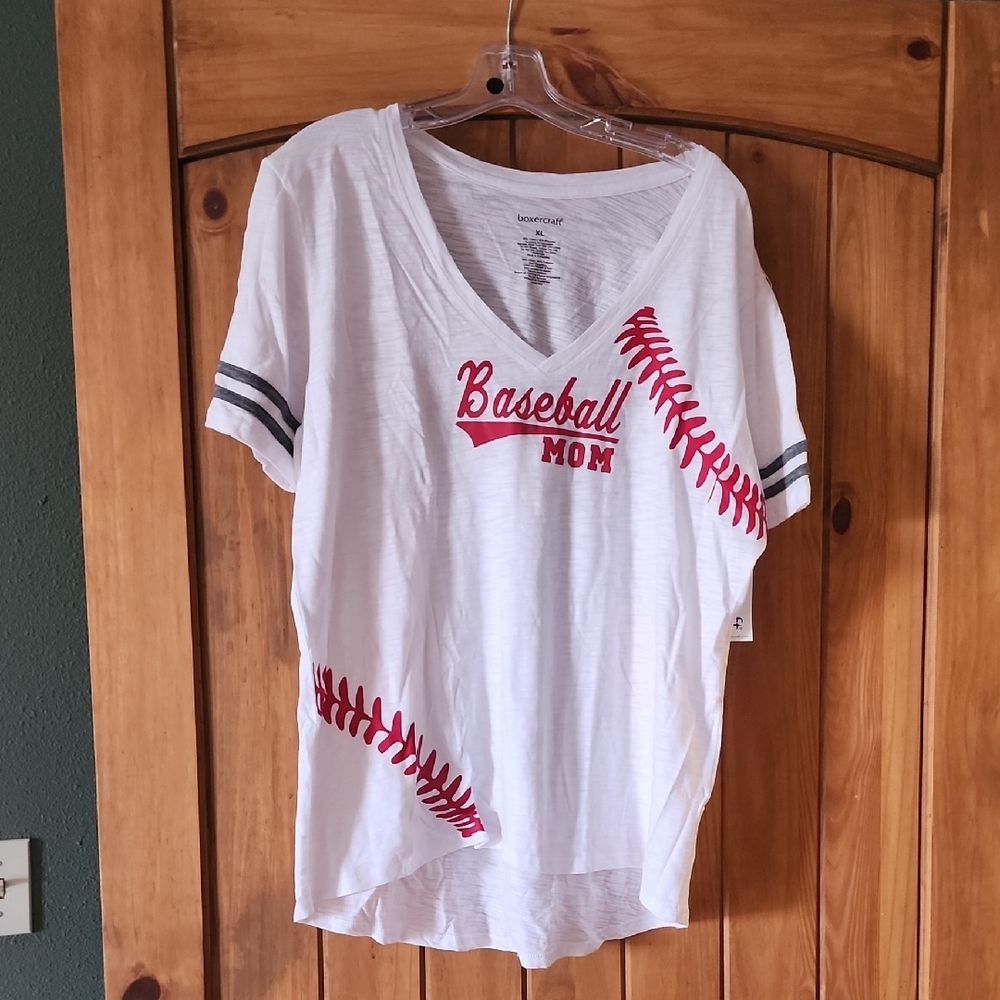 White Baseball Mom T-Shirt with Red Stitching